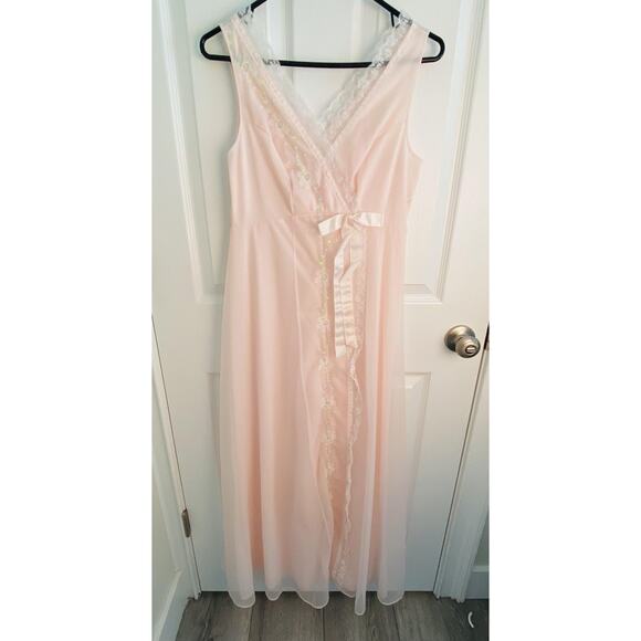 ShadowLine Other - Vtg Shadowline Nightgown Womens Small Pink Wrap Lace Embroidered Lingerie Sheer